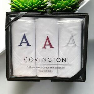 Covington 100% Cotton Valet Boxed Set of 3 Monogrammed "A” Handkerchiefs Gift